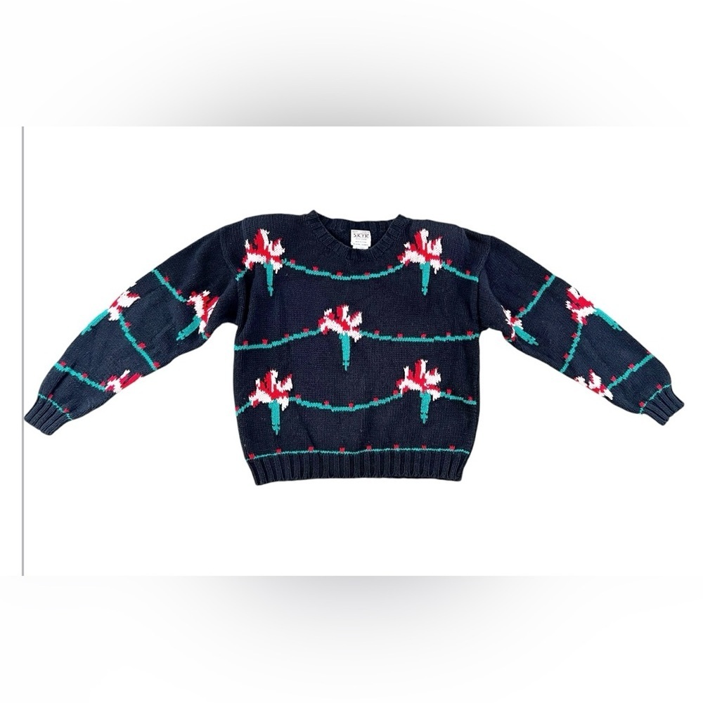 Vintage Handknit Floral Sweater Women’s Medium Retro 80s Chunky Cottagecore